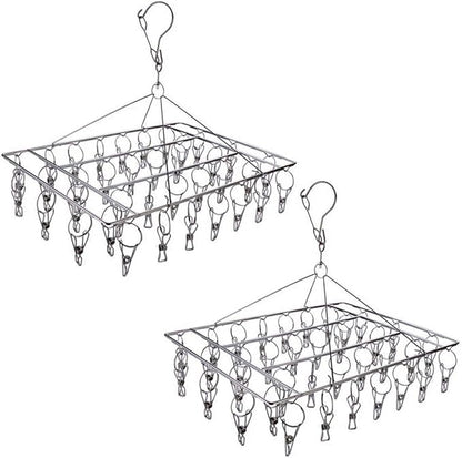 2 Pack Stainless Steel Sock Drying Rack with 72 Clips, Swivel Wind-Proof Hook Clothes Hanger Dryer for Sock, Underwear, Bra, Laundry Accessories