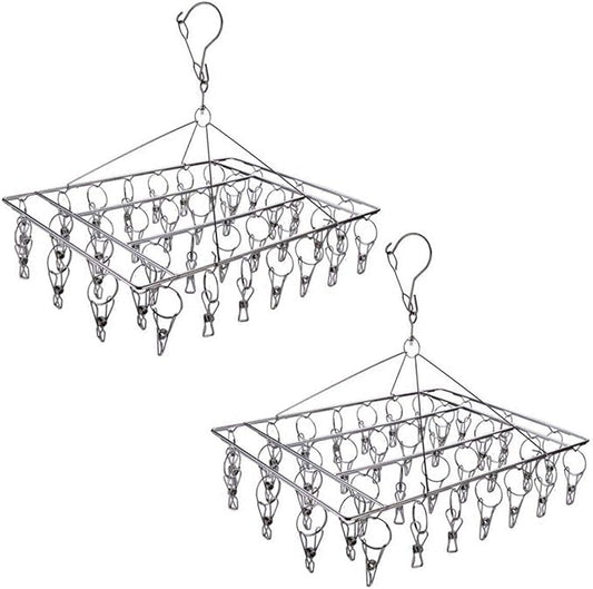 2 Pack Stainless Steel Sock Drying Rack with 72 Clips, Swivel Wind-Proof Hook Clothes Hanger Dryer for Sock, Underwear, Bra, Laundry Accessories