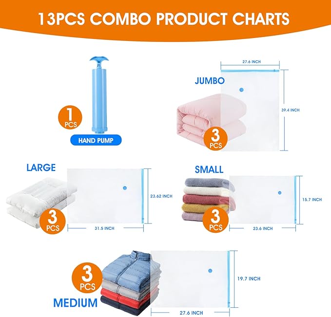 AROIC 12 Pack Vacuum Storage Bags Set - Space Saver Vacuum Bags for Clothing, Blankets, Seasonal Storage with Electric Pump, Vacuum Sealer Bags for Luggage, Travel Essentials, Bedding