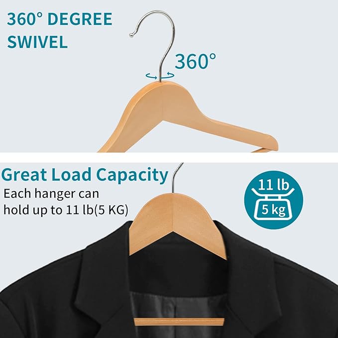 ABHENG 30 Pack Wooden Coat Hangers, 360° Swivel Hook, Suit Hangers with Anti-Slip Notches, Clothes Hangers for Jackets, Shirts, Dress, Natural UAWY0530N