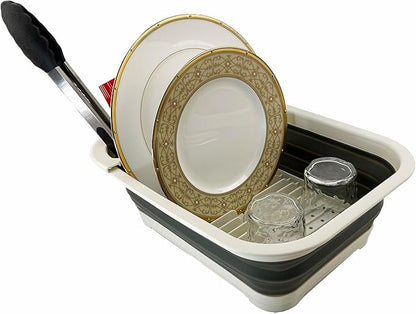 SAMMART 7.3L (1.9 Gallon) Collapsible Dish Drainer with Drainer Board - Foldable Drying Rack Set - Portable Dinnerware Organizer - Space Saving Utensil Kitchen Storage Tray (1, Grey/Washed Black)