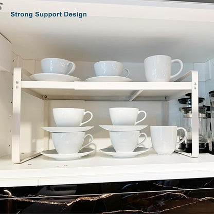 Set of 2 Expandable Cabinet Shelf Organizer, White Kitchen Countertop Shelves, Stackable Metal Pantry Storage Organizer for Cupboard, Spice Rack