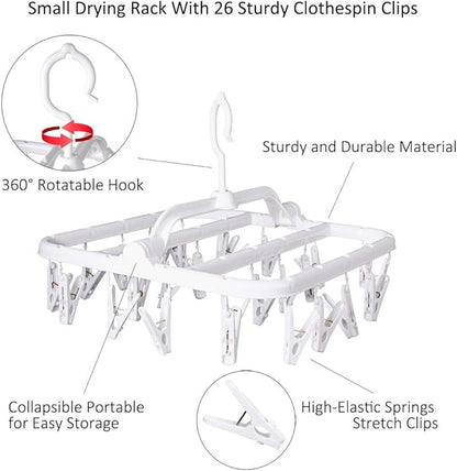 Foldable Plastic Hangers with 26 Drying Clips, Underwear Hanger with Clips, Plastic Laundry Clip and Drip Drying Hanger for Socks, Bras, Lingerie, Clothes, Sturdy, White, 2pc