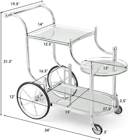DORTALA Rolling Serving Cart, 3-Tier Metal Bar Cart with Tempered Glass, 4 Wheels Tea Serving Bar Cart for Livingroom, Kitchen, Silver