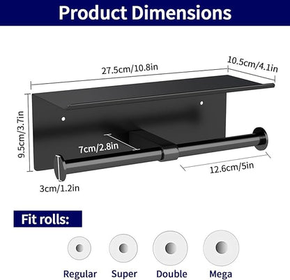 YUMORE Toilet Paper Holder, 304 Stainless Steel Bathroom Double Roll Tissue Holder with Shelf, Wall Mounted Washroom Dual TP Dispenser Storage（Black）