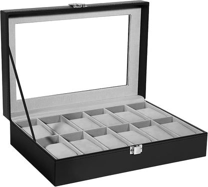 Uten Watch Box, 12 Slots Leather Watch Case, Watch Box Organizer Jewelry Storage with Large Glass Lid, Watch Display Case, Watch Box for Men & Women