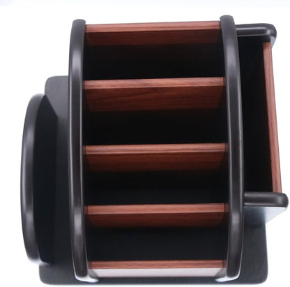 Coideal Remote Control Holder Caddy - Wooden Rotating Coffee Table Organizer Large Spinning Wood Remote Holder for Living Room Office (6 Compartments, Brown & Black)