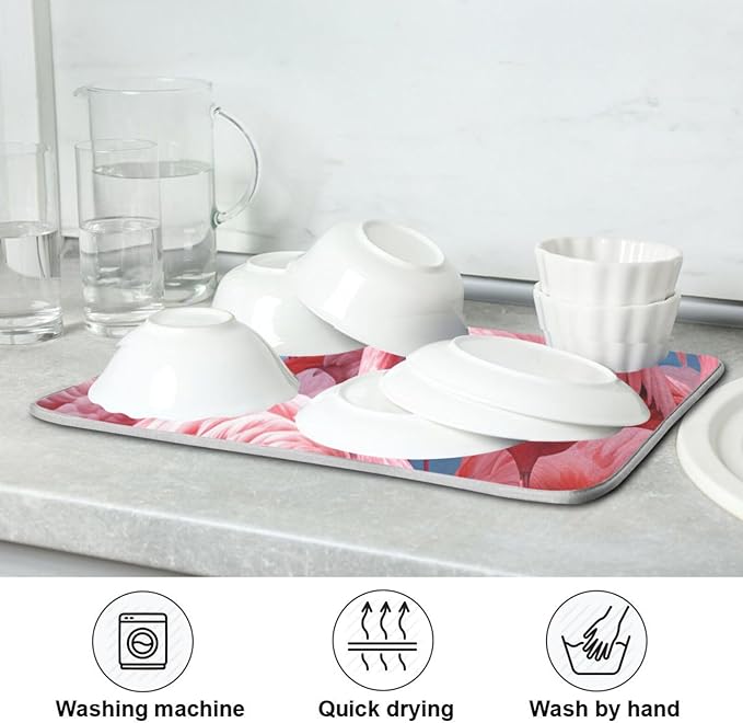Lifelike Beautiful Pink Flamingo Microfiber Dish Drying Kitchen Countertop Table Protector Multipurpose Counter Rack Sink Drainer Pad (16" x 18")