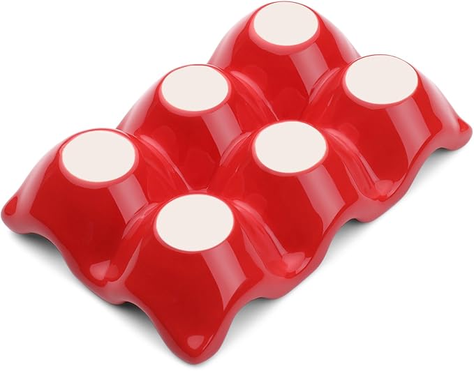 Flexzion Ceramic Egg Holder for Fridge - 6 Cups Egg Tray Half Dozen Porcelain Container Keeper Storage Organizer Decorative Serving Dish Serveware for Refrigerator Countertop Display Kitchen (Red)