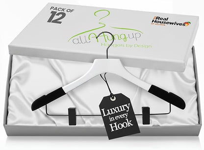 All Hung Up Hangers - Wooden Hangers with Clips for Women, Solid Wood Skirt & Suit Hangers, Heavy-Duty Adjustable Non-Slip Design with Velvet Grip, White with Black Velvet, 12 pcs