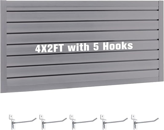 Slatwall Panel Garage Wall Organizer Storage Systems, Wall Mounted PVC Storage Rack with 5 Hooks, Interlocking Workshop Slat Wall Paneling Sheets Board Shelves Tools Organization-Grey(2’H x 4’W)