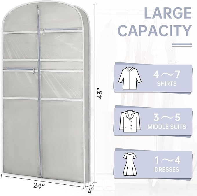 43" Garment Bag for Travel for Hanging Clothes Storage Hanging Suit Cover with Zipper and Accessory Storage for Coats, Dresses, Suits