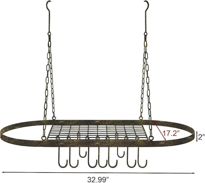 Sorbus® Pot and Pan Rack for Ceiling with Hooks — Decorative Oval Mounted Storage Rack — Multi-Purpose Organizer for Home, Restaurant, Kitchen Cookware, Utensils, Books, Household (Rustic)