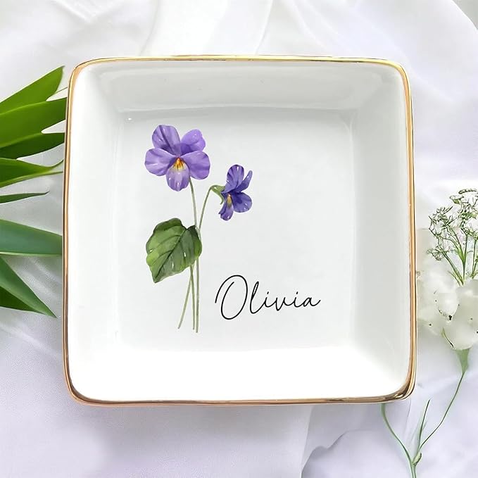 JRLCTECH Friends are Flowers That Never Fade, Custom Birth Month Flower Jewelry Dish, Personalized Trinket Tray Ring Dish, Birthday Gift for Friend, BFF Gift, Wedding Gift for Women