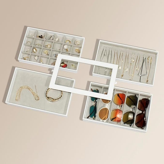 Stackable Jewelry Tray with Glass Lid,Jewelry Organizers for Drawer Insert,Jewelry Organizers and Storage for Rings Earring Necklace Watch Bracelet,White,4 Layers