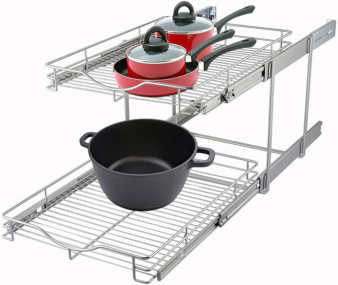 DINDON 2 Tier Pull Out Cabinet Organizer (14" W X 18" D), Double Tier Wire Basket Slide Out Shelf Storage for Kitchen Base Cabinet Organization for Kitchen, Pantry, Bathroom, Chrome