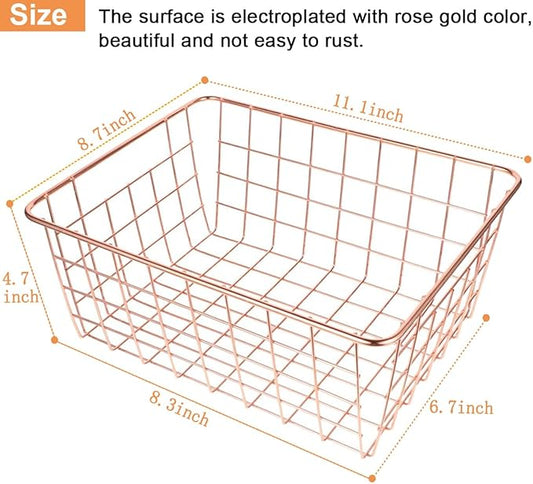 4 Pack Wire Baskets for Pantry Metal Wire Freezer Organizer Bins with Handles, Metal Basket Rose Gold Wire Baskets for Storage Organizing Office, Kitchen Cabinets, Bathroom, Countertop