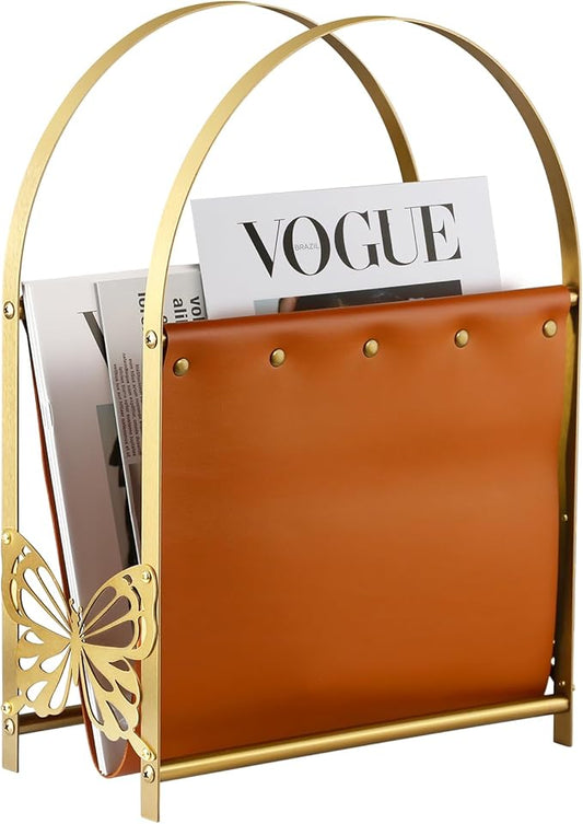 Aocii Magazine Holder, Artificial Leather Magazine Rack Floor with Golden Butterfly Hardware & Antique Brass Buckles, Bathroom Magazine Rack, Magazine Organizer for Floor Standing Home Decor