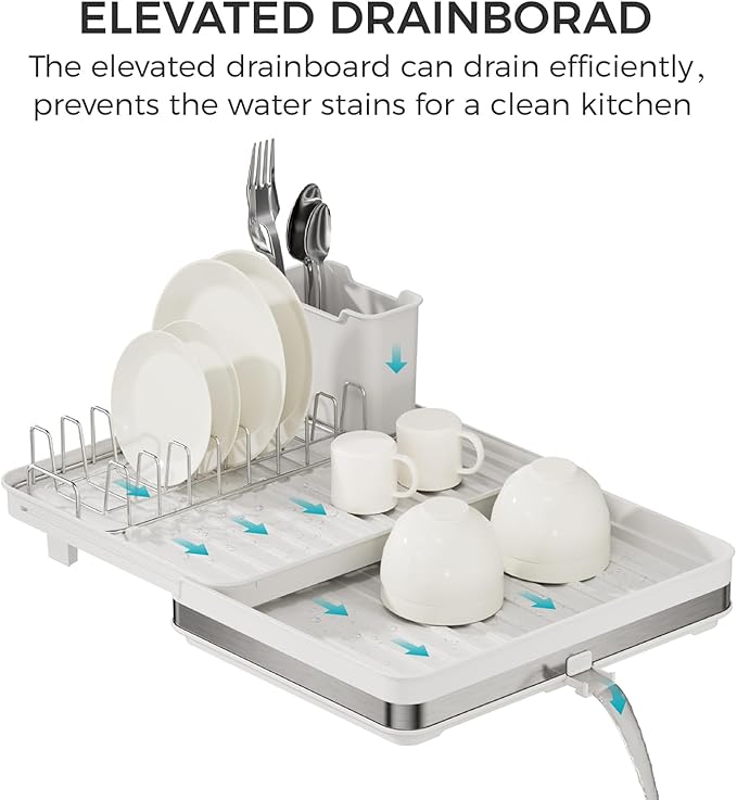 Collapsible dish drying rack,stainless steel foldable dish rack with cutlery holder,multifunctional expandable big capacity dish drainer board,Space Saving extendable dish holder