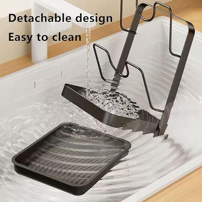 Kitchen Pot Lid Storage Rack, Kitchen Pot Lid Holder, Pots Lids Organizer Rack with Removable Drip Tray, Multifunctional Utensils Pan Pots Cover Lids Rack Shelf for Storage (Gray, Double-layer)