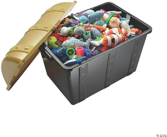 Fun Express Large Plastic Toy Treasure Chest - Premium Classroom Storage Prize Box for Teachers | Pirate-Themed Reward Container with Secure Lid | Black & Gold Design | 19" x 11.5" x 11" Capacity