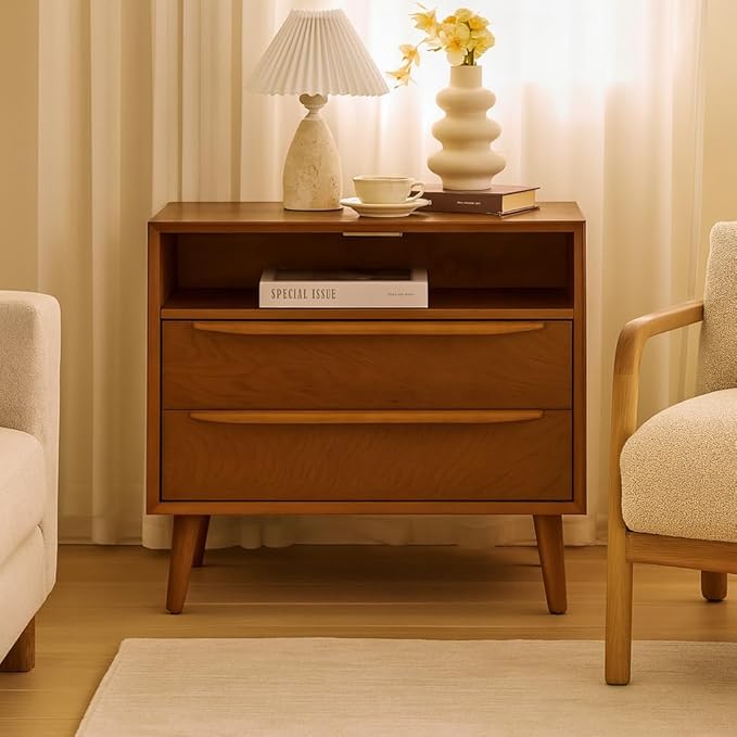 HULALA HOME End Table with Charging Station, Mid-Century Modern 2 Drawer and Open Shelf, Fluted End Table（Acorn）