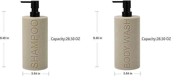 Indecor Home Resin 2 Pack Shampoo, Conditioner or Body Wash Dispenser Set, Luxurious Refillable Pump Bottles with Matte Pump Top and Embossed Text, Durable Design for Bathroom and Shower