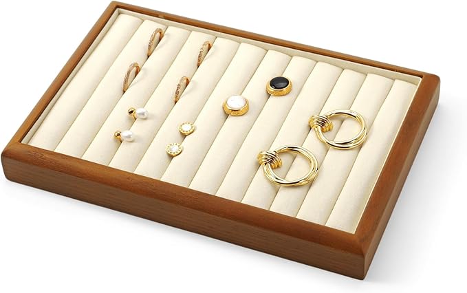 Solid Wood Jewelry Ring Display Tray Jewelry Drawer Organizer Showcase Display Organizer Tray for Rings Stud Earrings(Beige)
