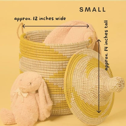 Yellow White Decorative Wicker Basket Set, 3pcs - Organize Bedroom, Living Room, Nursery - Laundry Hamper, Toy Bin, Blanket Storage - Decorative, Boho Style - Wicker, Woven, Lid, Handles