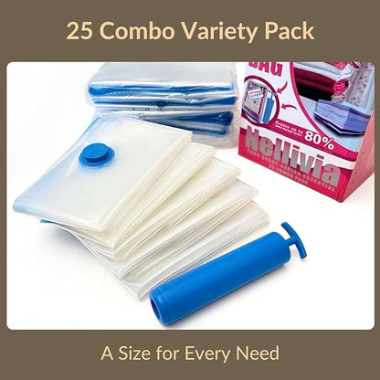 Nellivia 25 Pack Vacuum Storage Bags with Pump, Compression Space Saver for Comforter, Bedding, Blanket Storage, Vacuum Seal Bags for Clothing, Luggage and Closet Organizer