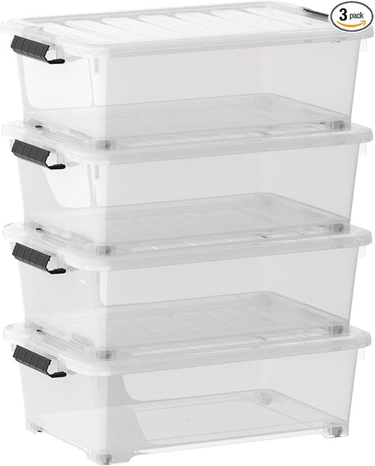 Minekkyes 20 Quart Plastic Under Bed Storage Containers, Latching Storage Boxes with Wheels, Clear Under Bed Storage Bins, 4 Pack