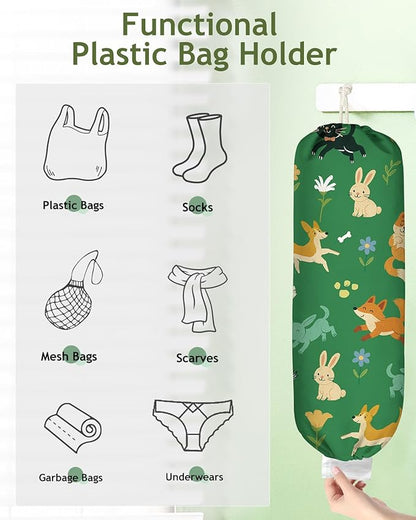 Plastic Bag Holder Organizer - 1 Pack Reusable Canvas Grocery Bags Holder Hanging Wall Cute Aesthetic Shopping Bag Storage Dispenser with Drawstring Closure for Kitchen Home, Pets