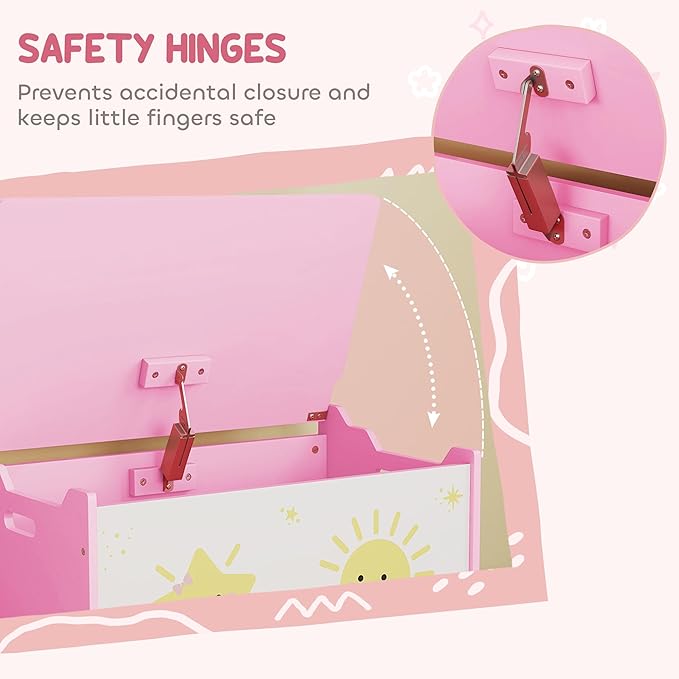 Qaba Toy Box with Lid, Toy Chest with Safety Hinges for Kids Boys Girls, Storage Organizer for Living Room, Playroom, Nursery, Bedroom, 24" L x 15" W x 15" H, Pink