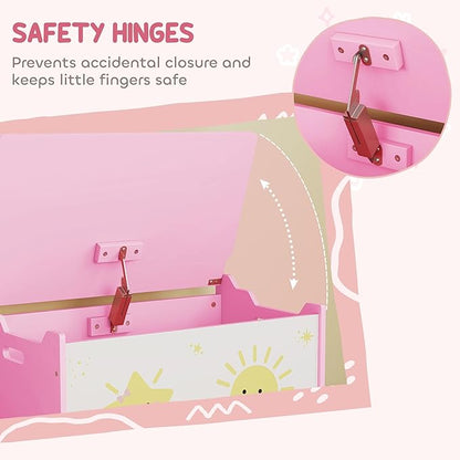 Qaba Toy Box with Lid, Toy Chest with Safety Hinges for Kids Boys Girls, Storage Organizer for Living Room, Playroom, Nursery, Bedroom, 24" L x 15" W x 15" H, Pink