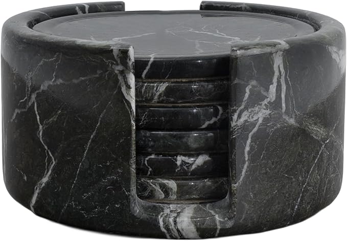 Marble Set of 6-3.7" Round Marble Drink Coasters, Cork Backing Non-Slip, Office Protect Tables from Stains and Scratches, Zebra Black