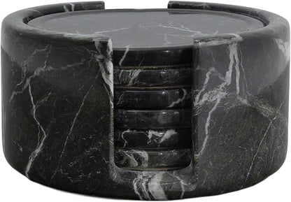 Marble Set of 6-3.7" Round Marble Drink Coasters, Cork Backing Non-Slip, Office Protect Tables from Stains and Scratches, Zebra Black