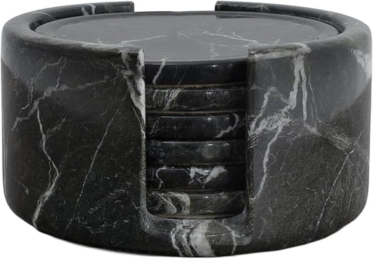 Marble Set of 6-3.7" Round Marble Drink Coasters, Cork Backing Non-Slip, Office Protect Tables from Stains and Scratches, Zebra Black