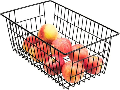 SANNO Freezer Basket Organizer, Refrigerator Metal Wire Storage Divider, Household Container Bins with Handles for Kitchen, Bathroom, Office, Camping, Black,Set of 4
