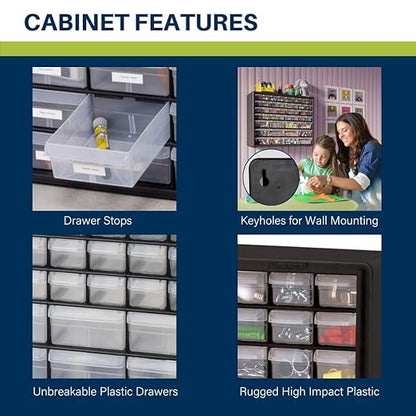 Akro-Mils 44-Drawer Plastic Drawer Storage Cabinet for Garage Organization, Bead Organizer, Building Bricks Storage, Teacher Toolbox, Makeup Organizer, 20-Inch W x 6-Inch D x 16-Inch H, 10144 Black
