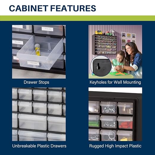 Akro-Mils 44-Drawer Plastic Drawer Storage Cabinet for Garage Organization, Bead Organizer, Building Bricks Storage, Teacher Toolbox, Makeup Organizer, 20-Inch W x 6-Inch D x 16-Inch H, 10144 Yellow