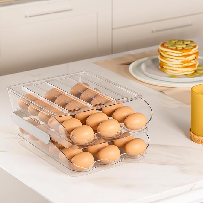 Proarea Egg Holder for Fridge 36 Capacity Automatic Rolling Egg Organizer for Refrigerator, Clear Stackable Container for Kitchen or Pantry Storage 2 Pack
