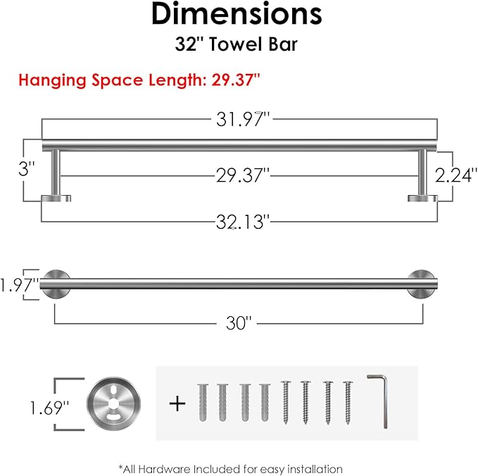 FORIOUS Towel Bar Wall Mounted, 30 Inch Stainless Steel Towel Racks for Bathroom, Includes Wall Mounting Hardware (Brushed Nickel, Total Length 32 Inch)
