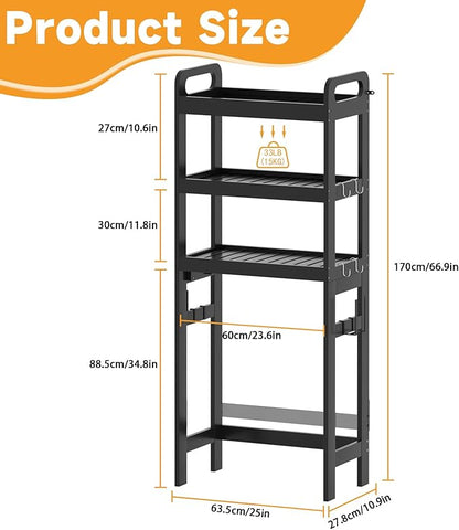 Over The Toilet Storage Shelf, 3 Tiers Space Saver Bathroom Organizer Shelves with Toilet Paper Holder and Hooks, Freestanding Toilet Rack for Washroom Balcony, Black