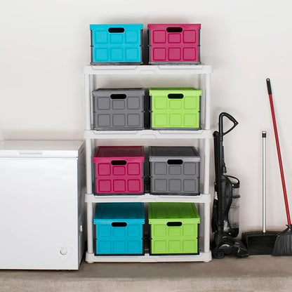 Glad Collapsible Storage Bin with Lid - 48L Foldable Plastic Box for Garage, Car Trunk, and Organization - Stackable Lidded Container with Handles, Turquoise