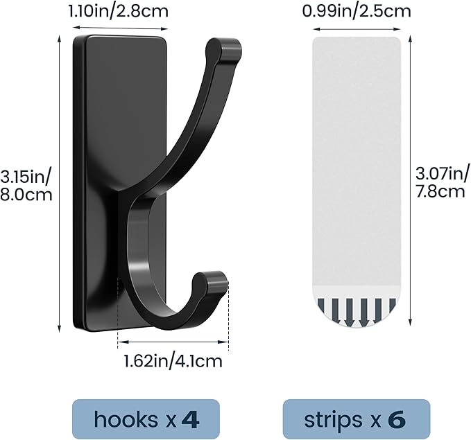 pickpiff Adhesive Wall Hooks with Strip - No Residue, Easy to Remove, Strong Heavy Duty Sticky Towel Hook, 4 Pack Black