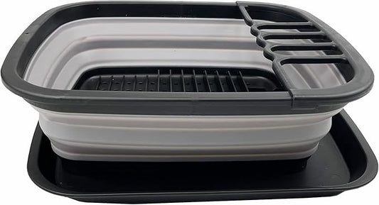 SAMMART 8L (2.11Gallons) Collapsible Plastic Dish Drainer with Drainer Board - Foldable Drying Rack Set - Portable Dinnerware Organizer - Space Saving Kitchen Utensil Storage Tray (Black/Alloy Grey)