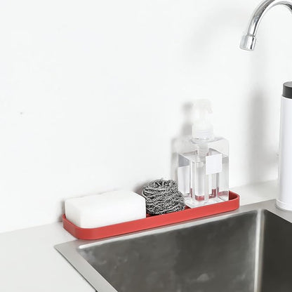 Silicone Kitchen Sink Organizer Tray for Multiple Usage,Eco-Friendly Sponges Holder for Kitchen Bathroom Counter or Sink,Dish Soap Dispenser,Scrubber,Bottle,Cup (Red, 12"×4")