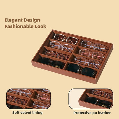 XHMQYC Glasses Holder Box Drawer Sunglass Organizer for Men Clear Wide Storage Case 8 Slots Multiple Reading Glasses Display, Brown Leather