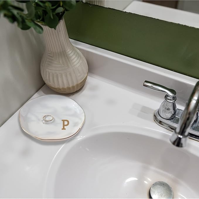 VINCOMIC Initials Ring Dish Jewery Tray with Personalized P-Monogrammed Gifts Wedding Engagement for Women Friends Sister,Ceramic White