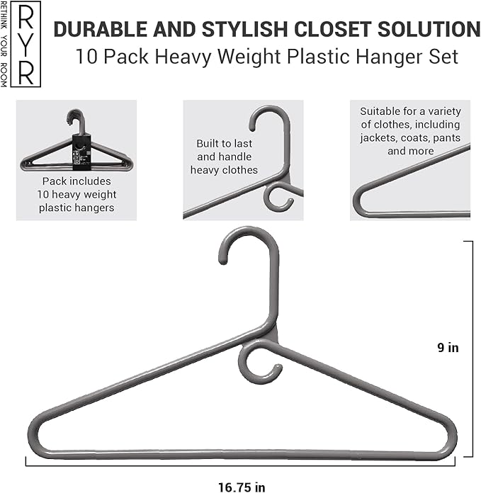 Rethink Your Room Clothes Hangers 10 Pack Plastic - Heavy Duty Space Saving Coat, Velvet Hangers, Pant Hangers for Closet Organization - Durable Non-Slip, Grey Wardrobe Essentials Bulk Storage